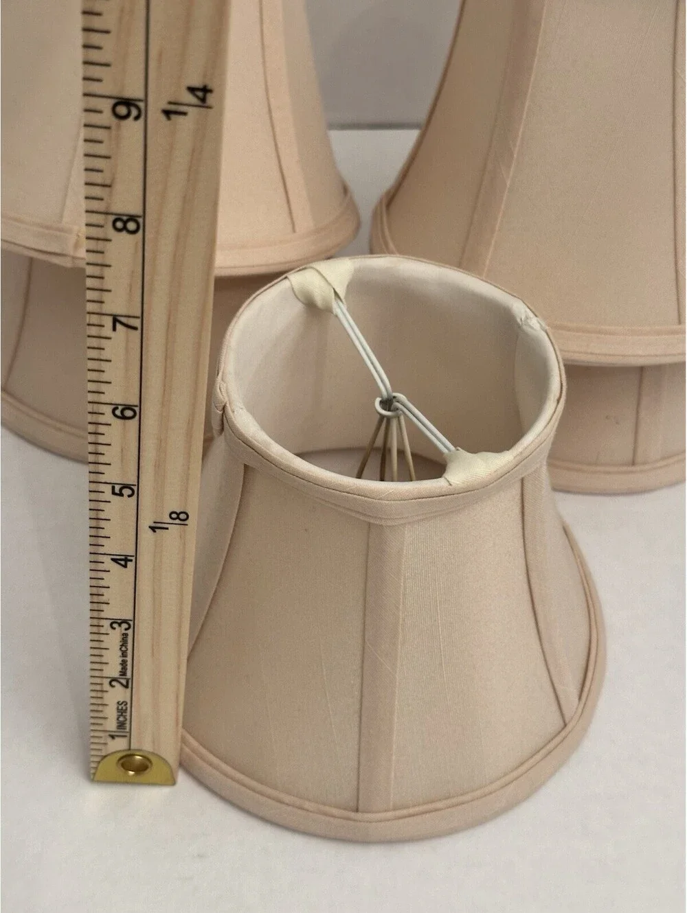 5 Lamp Shades Pair Beige Ecru Fabric 7” Bell Shape Clip On Bulbs